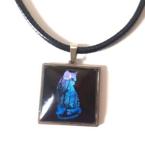 Cat Silhouette Hand Crafted Stainless Steel Charm Leather Adjustable Necklace